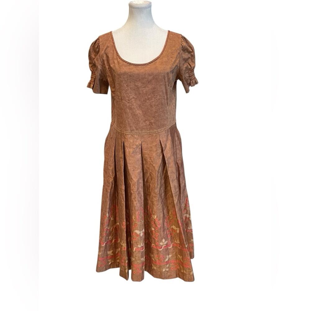 Peruvian Connection Brown Midi Dress with Floral Details